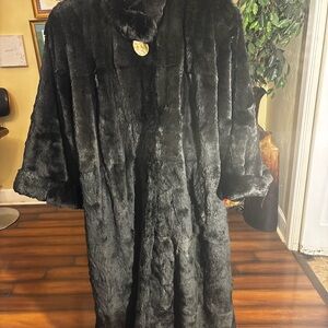 Carole Little Black Faux Fur Long Coat with Statement Button